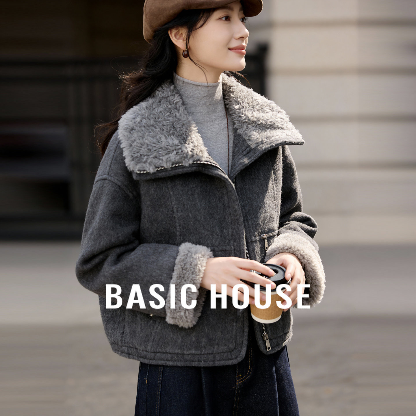 百家好高级感灰调仿羊羔毛领短款羽绒服女90白鸭绒毛绒边夹克外套