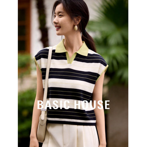 Basic House/百家好撞色条纹polo领针织衫夏季好看小飞袖短款上衣
