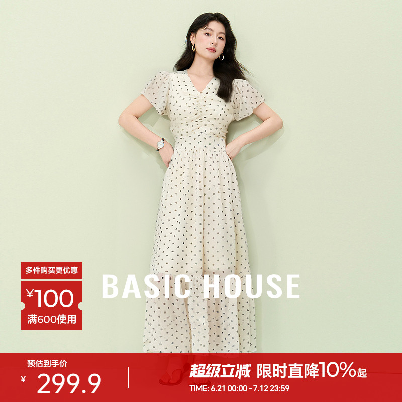 Basic House/百家好法式复古波点连衣裙夏季新款荷叶边中长款裙子