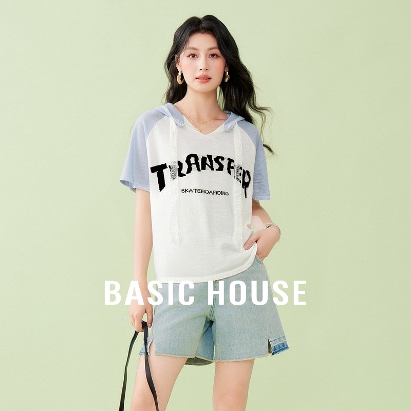 Basic House/百家好撞色连帽丝带插肩袖设计感夏季新款短袖针织衫