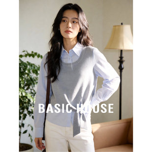 女士针织马甲系带设计宽松显瘦上衣 新款 百家好假两件拼接衬衫 春季