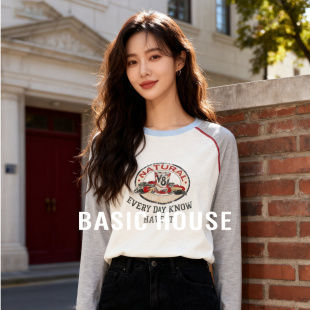 House 流行插肩袖 百家好美式 秋季 上衣女 印花撞色套头针织衫 Basic