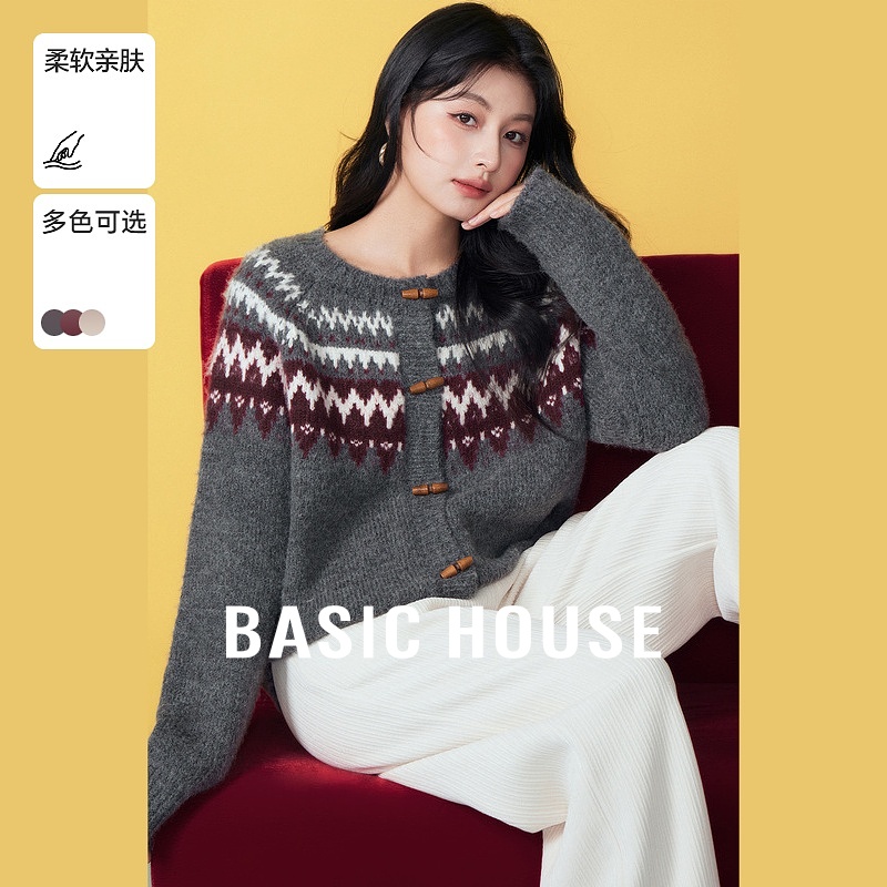 Basic House/百家好红色复古费尔岛毛衣外套秋冬新款针织上衣2024