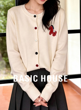 Basic House/百家好卡通小马刺绣白色毛衣女冬季新款宽松羊毛开衫