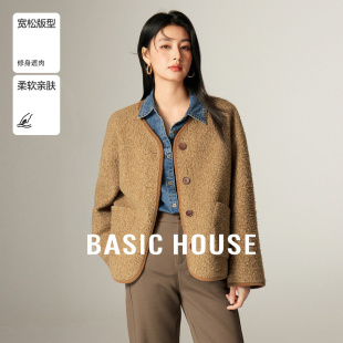 Basic House/百家好法式复古毛毛外套秋冬高级感单排扣短款上衣女