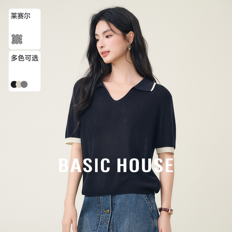 Basic House/百家好天丝翻领撞色短袖针织衫夏季高级纯色短款上衣