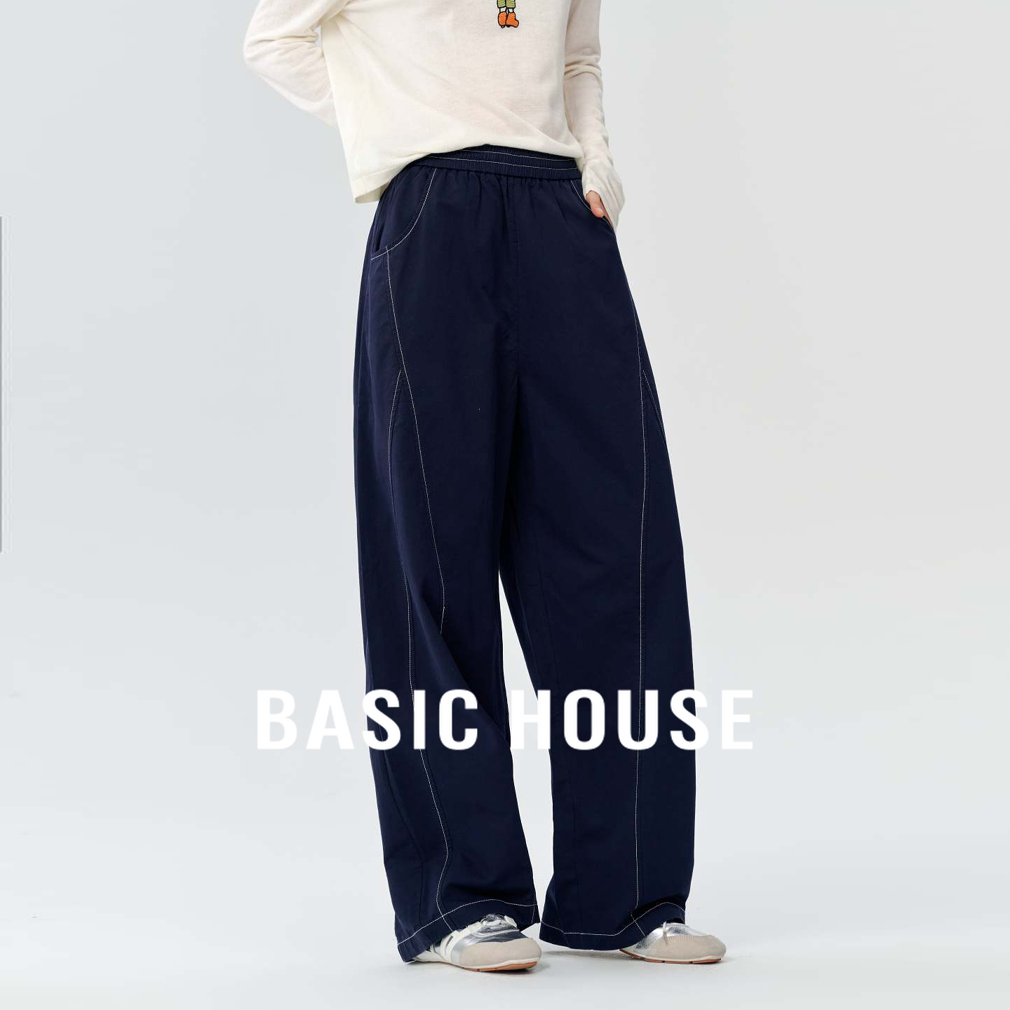 Basic House/百家好莱赛尔纯色拼接休闲裤设计感高腰阔腿弯刀长裤
