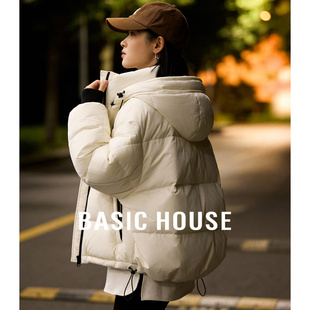 百家好白色保暖连帽羽绒服女士冬季新款白鸭绒修身小个子短款外套