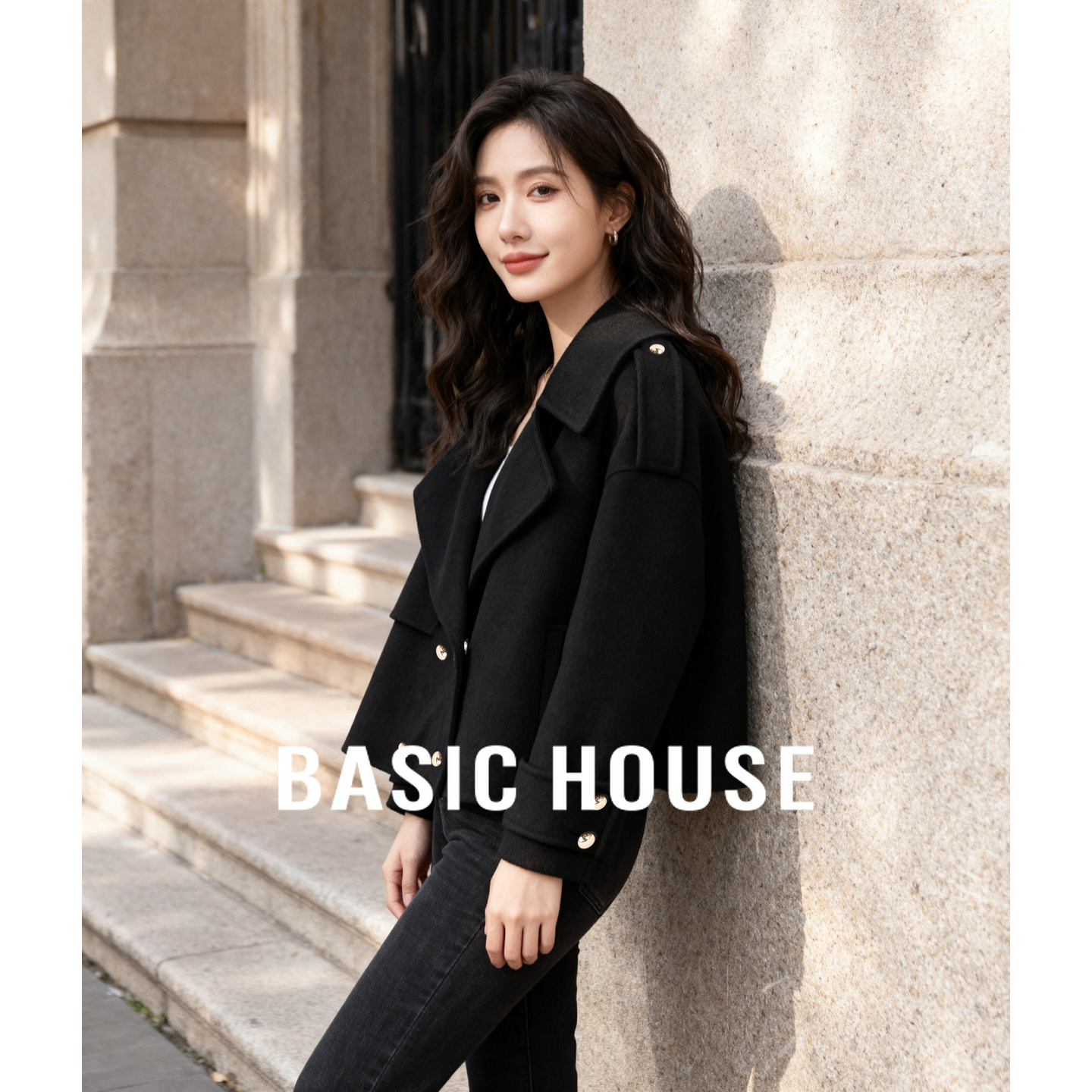 Basic House/百家好休闲短款毛衣外套25秋冬大翻领双排扣气质上衣