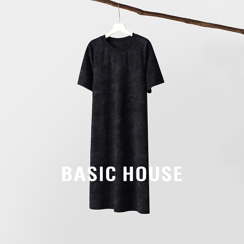 Basic House/百家好重工烫钻黑色连衣裙女短袖中长款T恤裙子夏季
