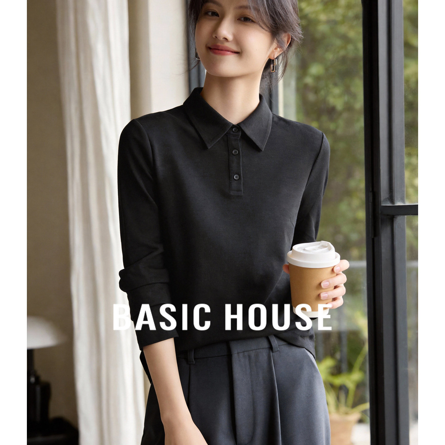 百家好26春季新款极简Polo领软糯亲肤长袖上衣通勤风显瘦百搭T恤