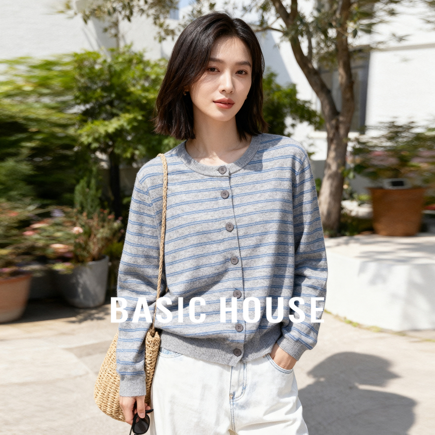 Basic House/百家好蓝灰撞色条纹上衣25秋冬简约圆领纽扣针织开衫
