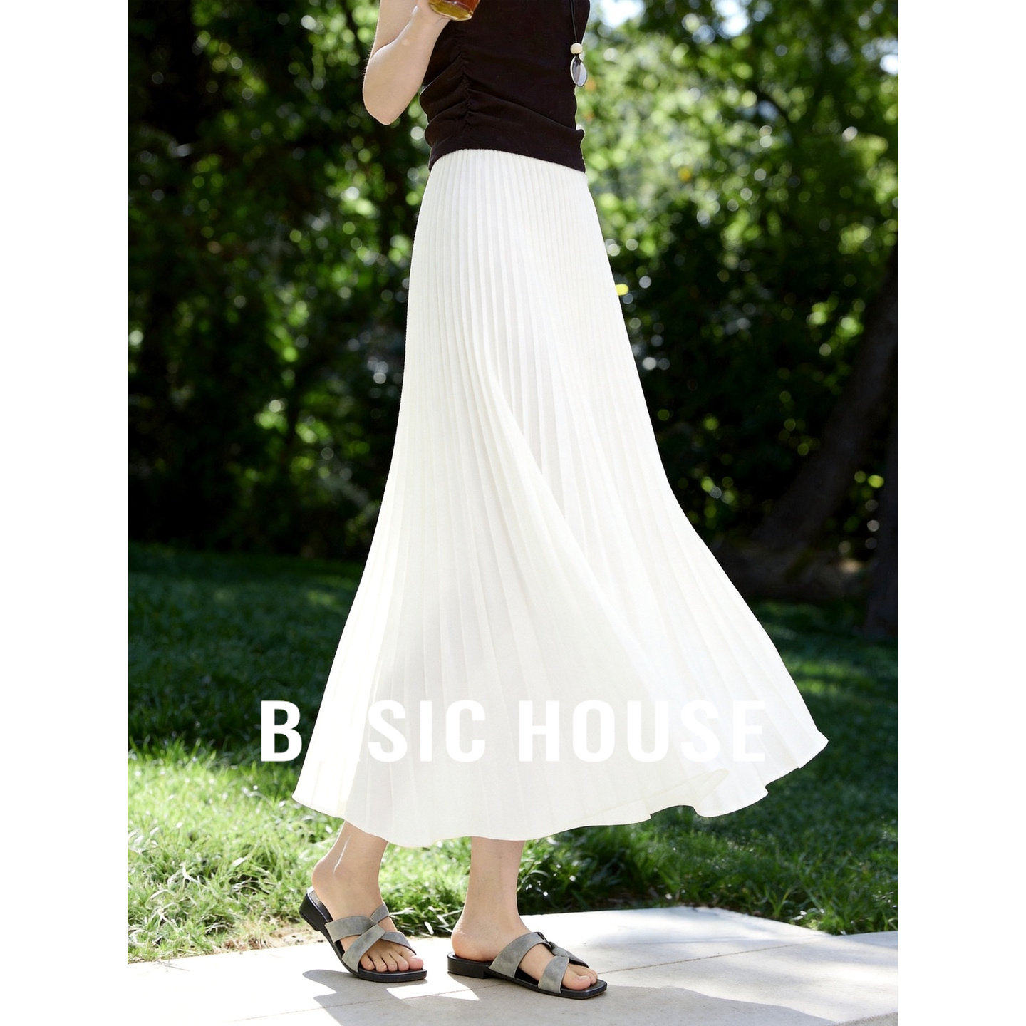 Basic House/百家好法式温柔百褶白色半身裙女夏季新款显瘦A字裙