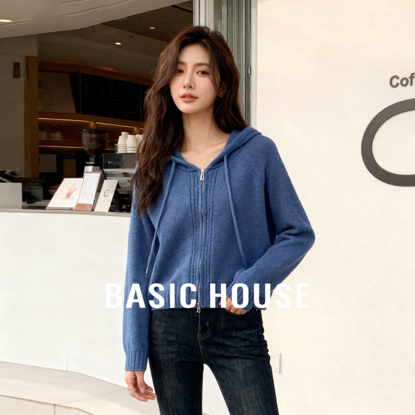 Basic House/百家好连帽双拉链毛衣秋冬洋气纯色宽松插肩开衫外套