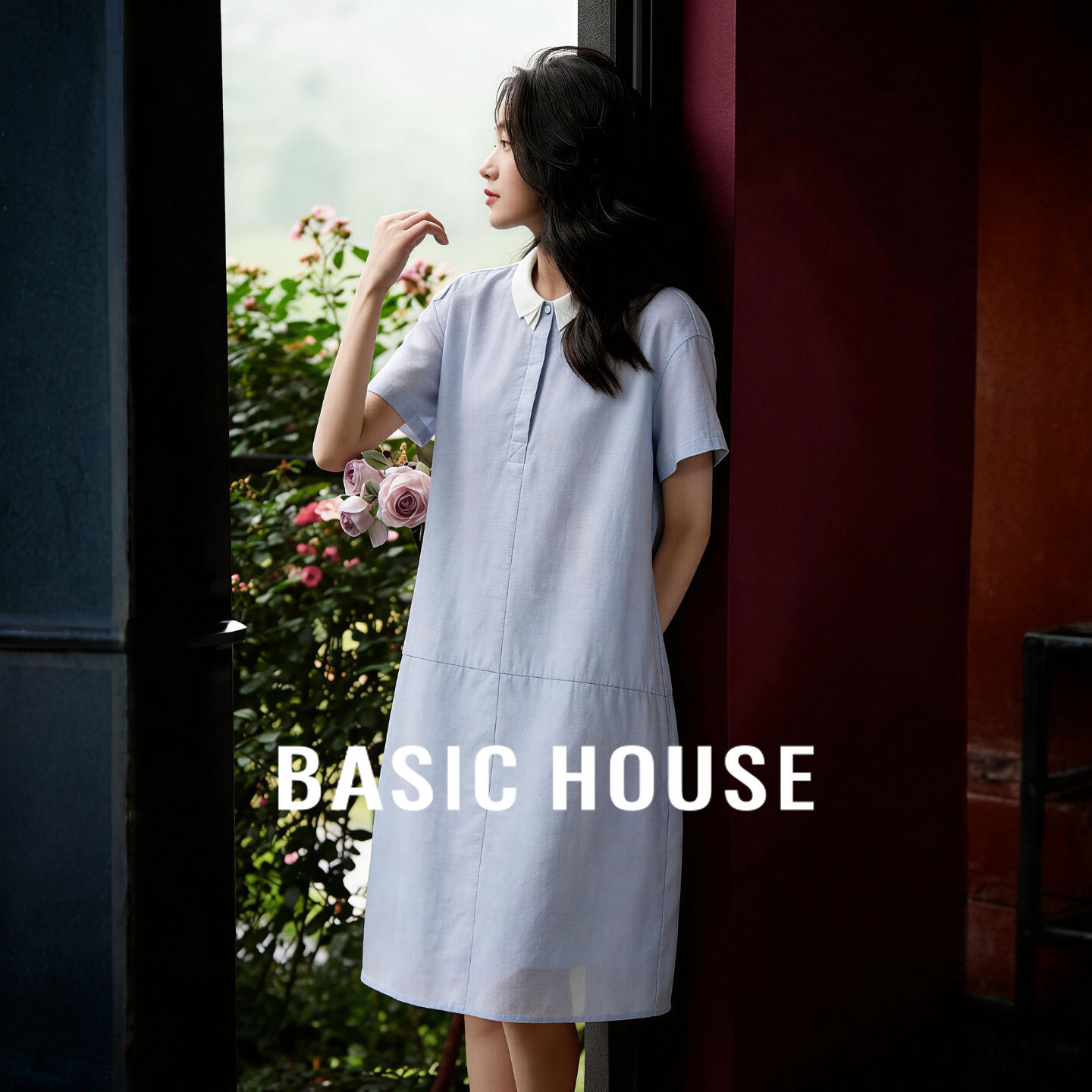 Basic House/百家好翻领醋纤连衣裙女春夏季新款莱赛尔直筒中长裙