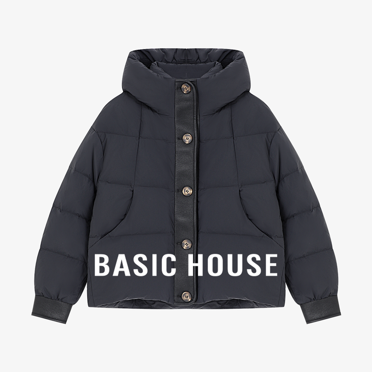 Basic House/百家好连帽撞色羽绒服女韩版加厚短款白鸭绒保暖外套