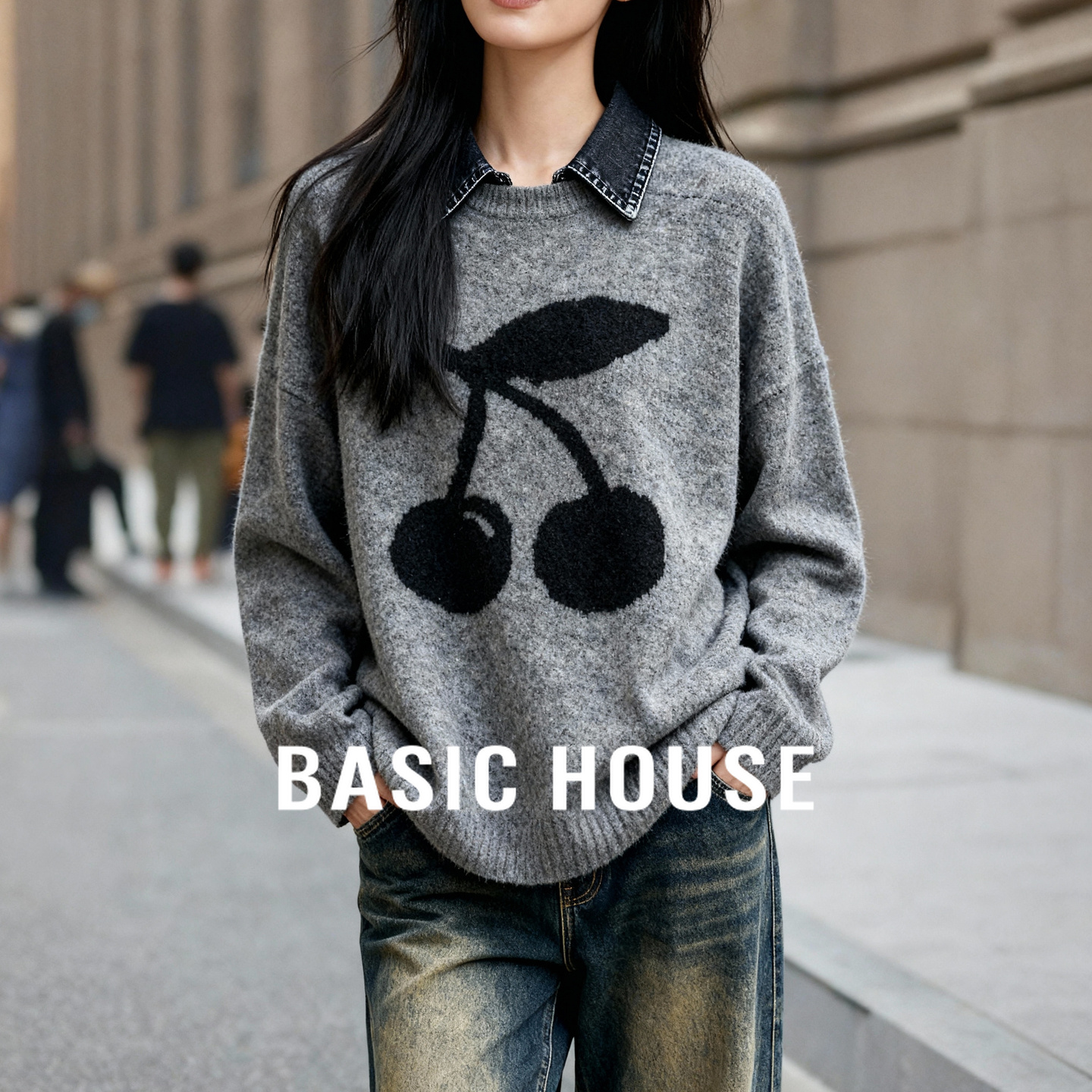 Basic House/百家好2025秋冬复古翻领樱桃毛衣牛仔拼接套头上衣女