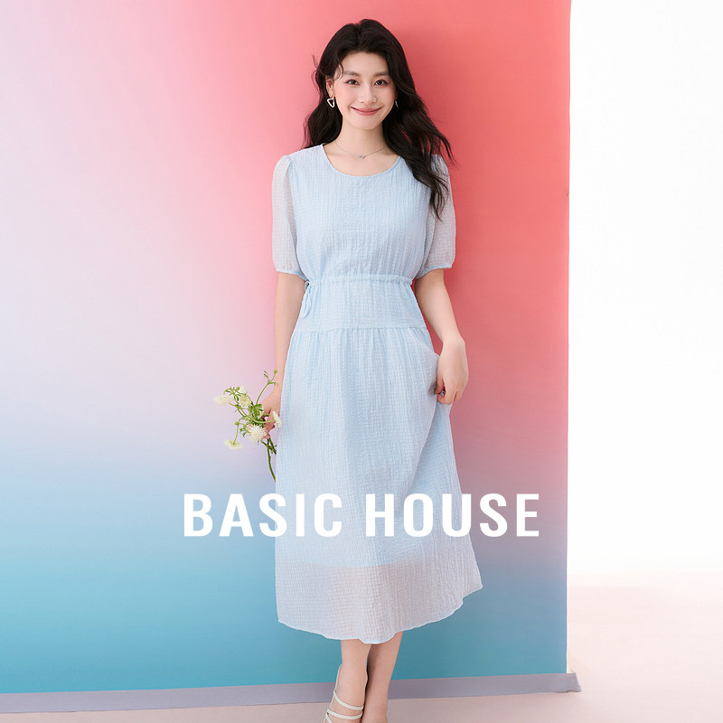 Basic House/百家好蓝色莱赛尔格子连衣裙夏系带收腰中长款裙子