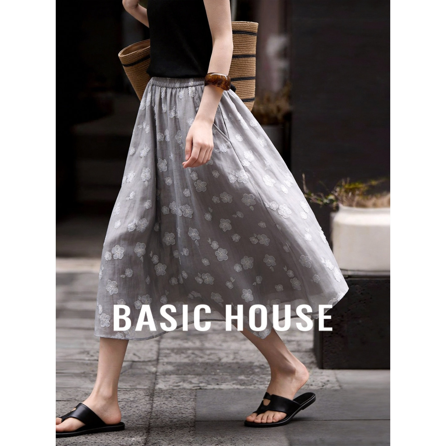 Basic House/百家好灰色印花半身裙女夏季新款高腰显瘦中长款纱裙