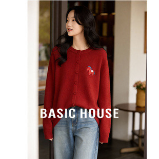百家好减龄小马红色新年毛衣女士冬季新款加厚保暖绵羊毛针织开衫