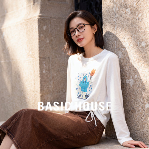 Basic House/百家好侧腰抽绳印花针织衫春季新款宽松撞色长袖上衣