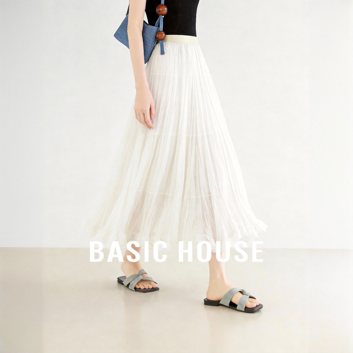 Basic House/百家好白色网纱半身裙中长款纱裙2026春中长款A字裙