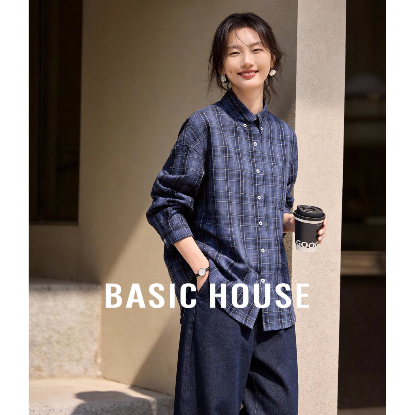 Basic House/百家好格子长袖衬衫女春季2026新款通勤百搭显瘦上衣