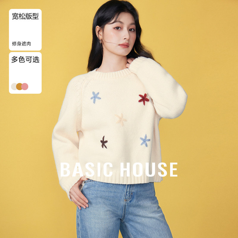 Basic House/百家好冬季新款刺绣花朵圆领毛衣慵懒插肩袖套头上衣