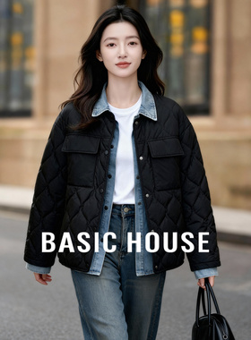 Basic House/百家好轻薄翻领短款羽绒服女冬季新款菱格宽松外套
