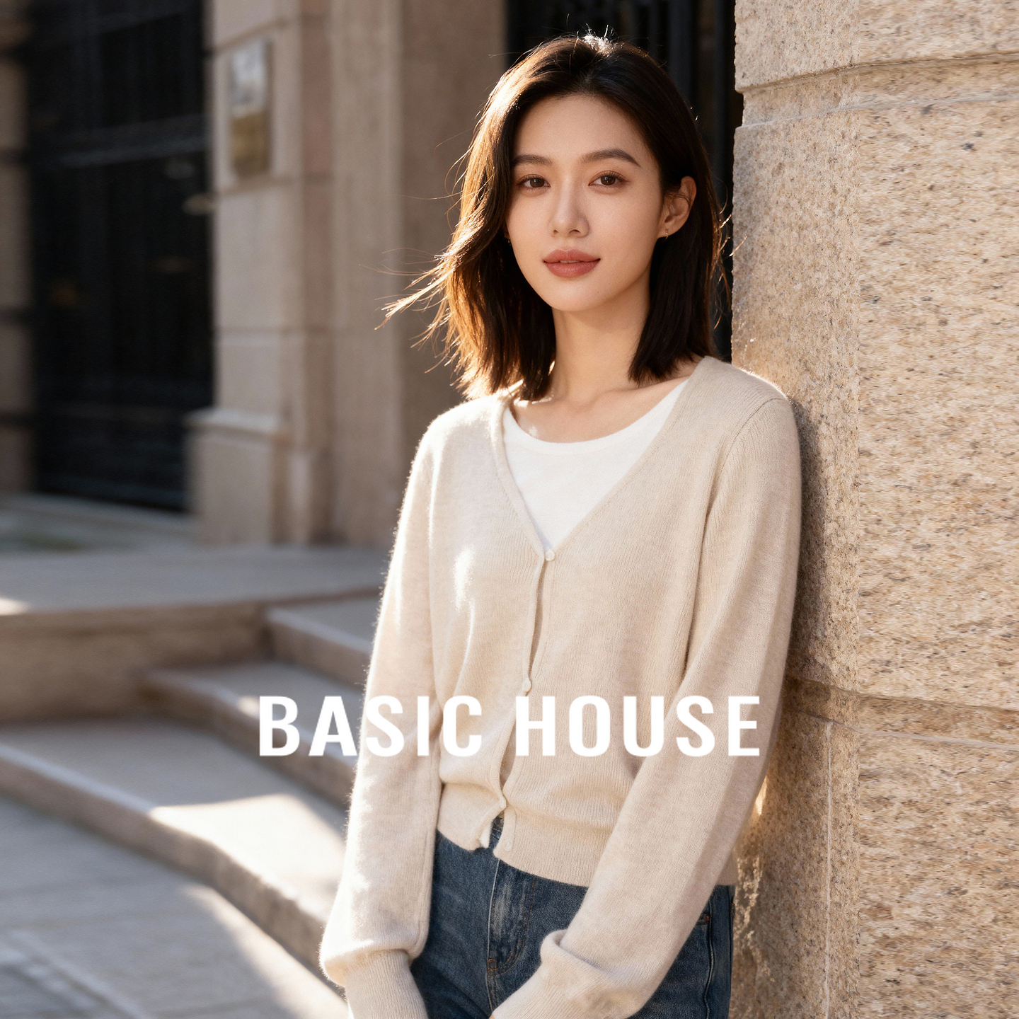 Basic House/百家好撞色假两件绵羊毛针织衫秋冬新款套头长袖上衣
