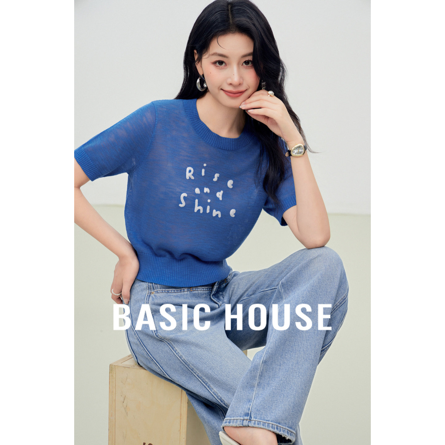 Basic House/百家好撞色字母短袖针织衫2026夏季新款短款圆领上衣