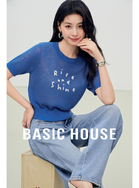 Basic House/百家好撞色字母短袖针织衫2026夏季新款短款圆领上衣
