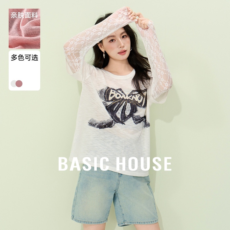 Basic House/百家好假两件蕾丝拼接上衣减龄蝴蝶结防晒针织衫秋季