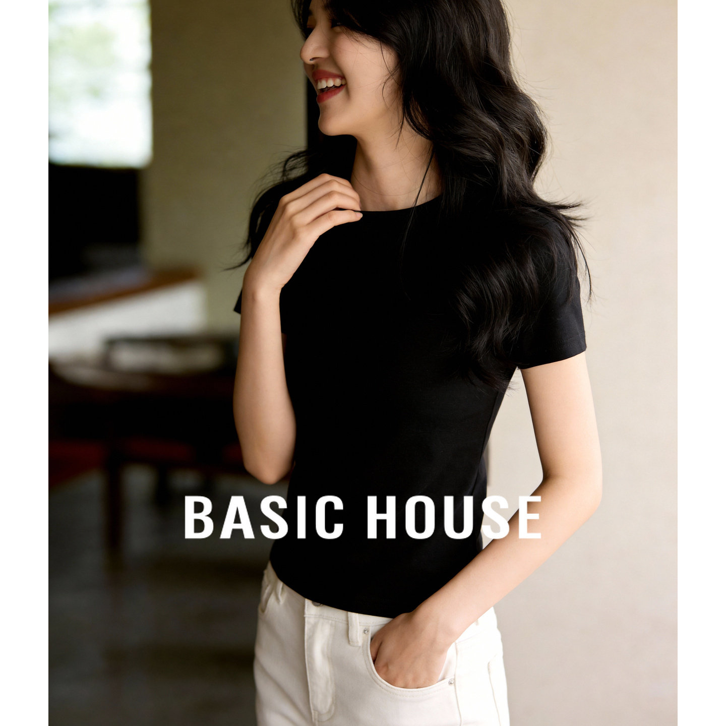 Basic House/百家好半高领纯色短袖T恤女春新款内搭百搭打底上衣