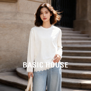 Basic House/百家好白色蕾丝拼接T恤女2026春宽松圆领慵懒风上衣