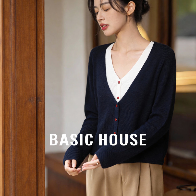 百家好撞色V领假两件针织开衫女2026春季新款高级感气质显瘦上衣