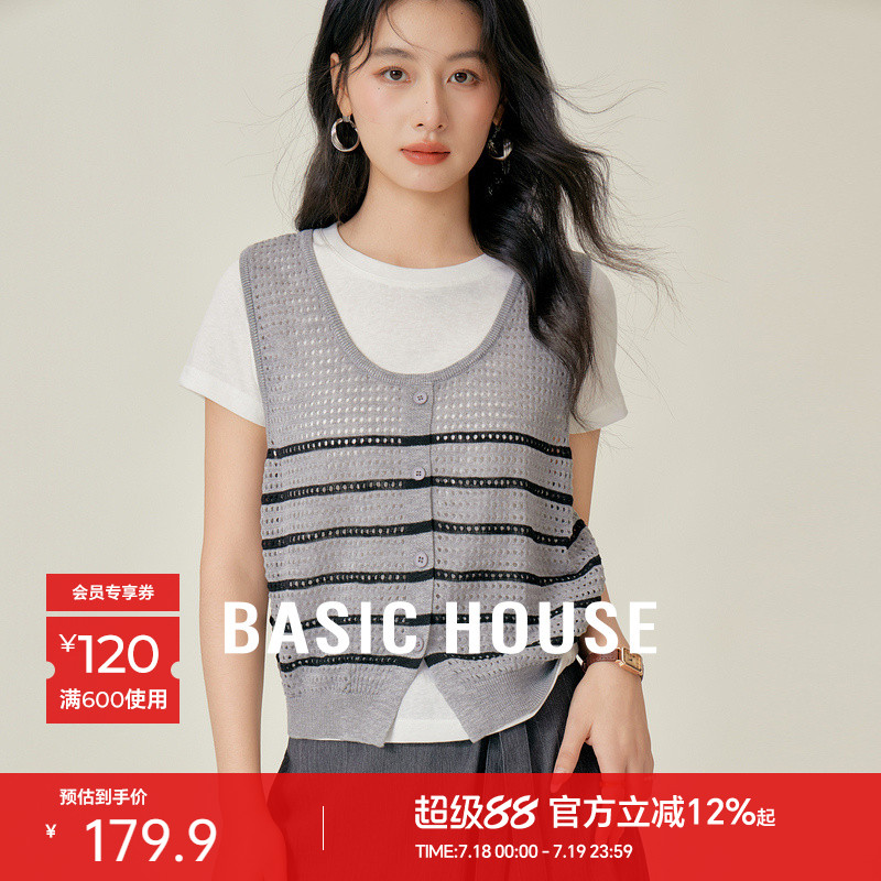 Basic House/百家好条纹假两件短袖针织衫夏季流行套头撞色上衣女