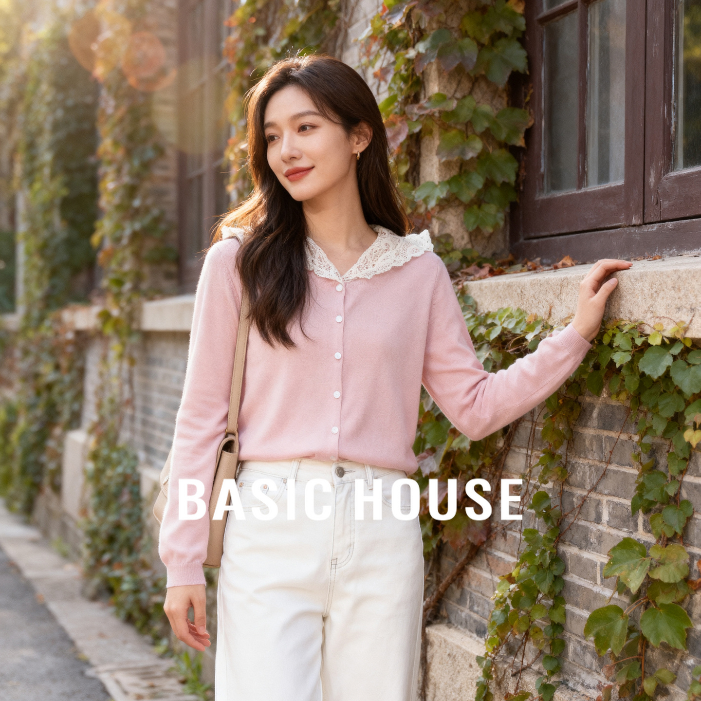 Basic House/百家好蕾丝领针织开衫女2025秋季甜美风宽松温柔上衣