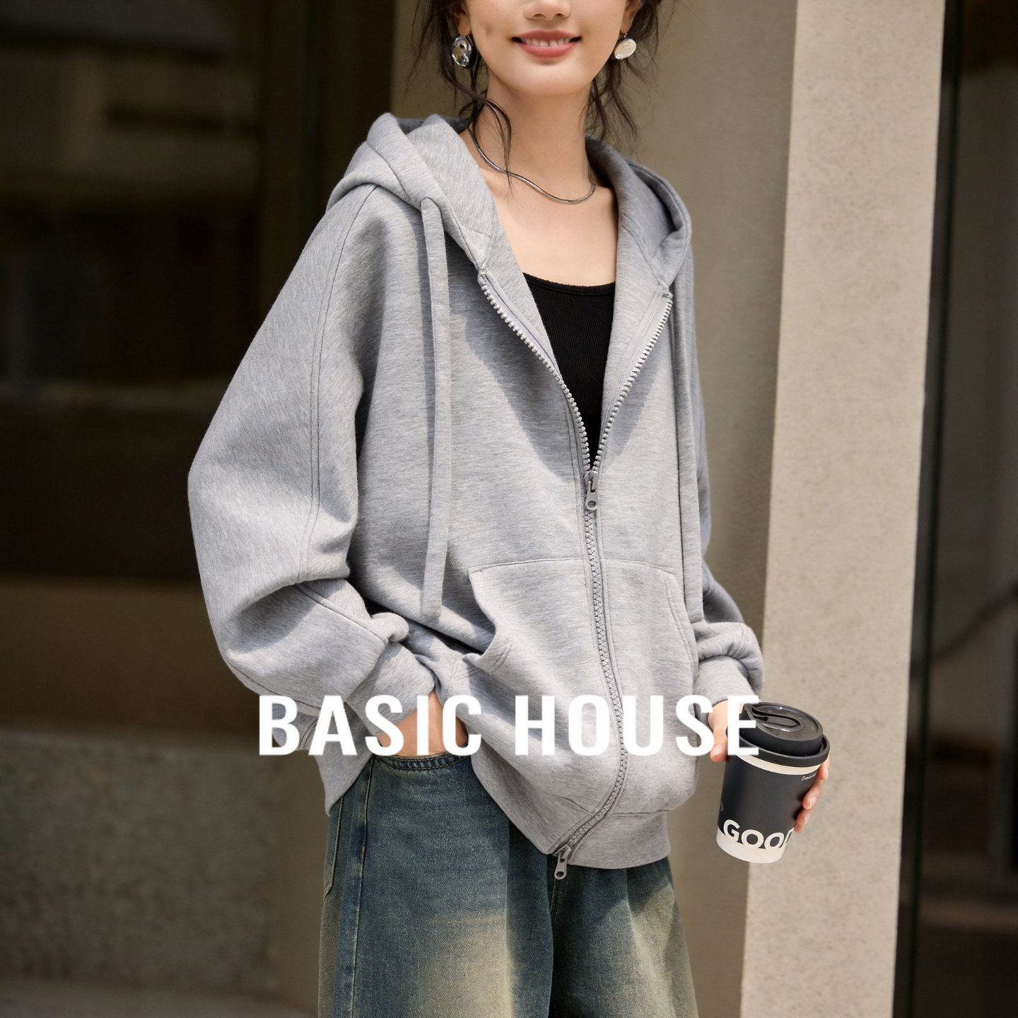 Basic House/百家好美式廓形连帽卫衣宽松灰色外套女2026春季新款