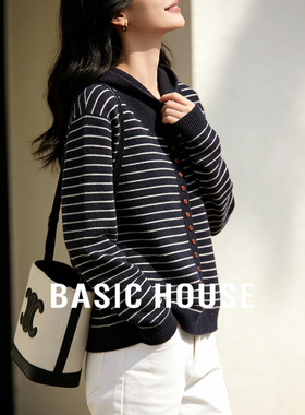 Basic House/百家好撞色条纹毛衣女冬季绵羊毛保暖通勤宽松帽衫