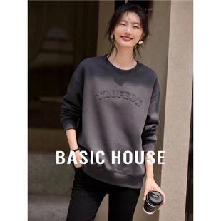 短款 百家好深灰字母印花卫衣女冬季 宽松慵懒套头冬装 美式 上衣 新款