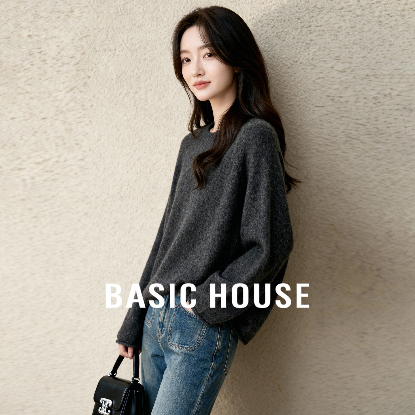 Basic House/百家好绵羊毛100%纯色圆领针织衫女冬季宽松套头上衣