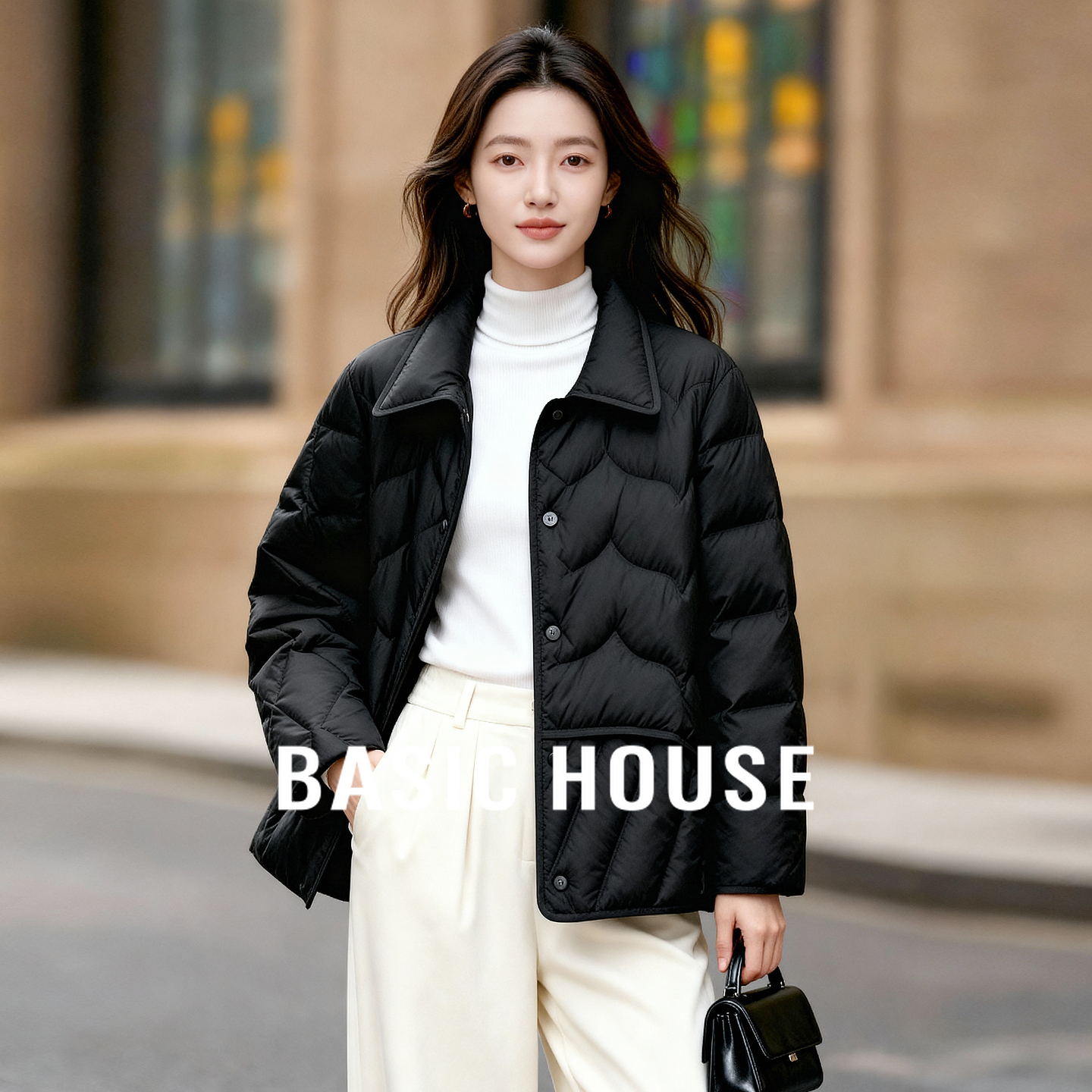 Basic House/百家好小个子泡芙羽绒服女冬黑色轻薄短款面包服外套