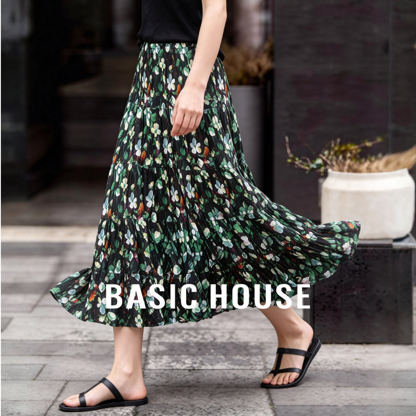 Basic House/百家好复古碎花半身裙女高腰A字裙中长款气质百褶裙