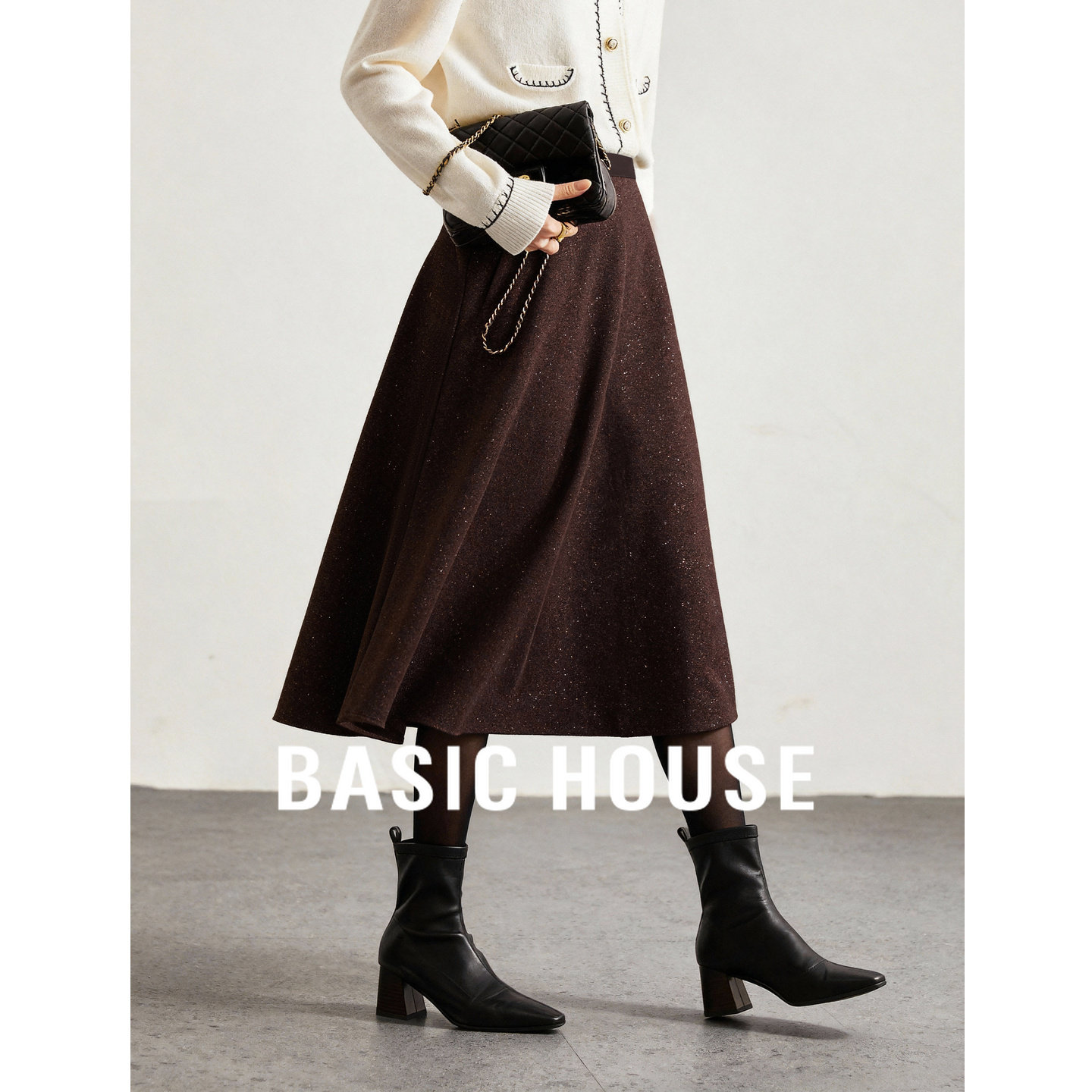 Basic House/百家好法式黑色亮片伞裙秋冬新款羊毛呢A字半身裙子