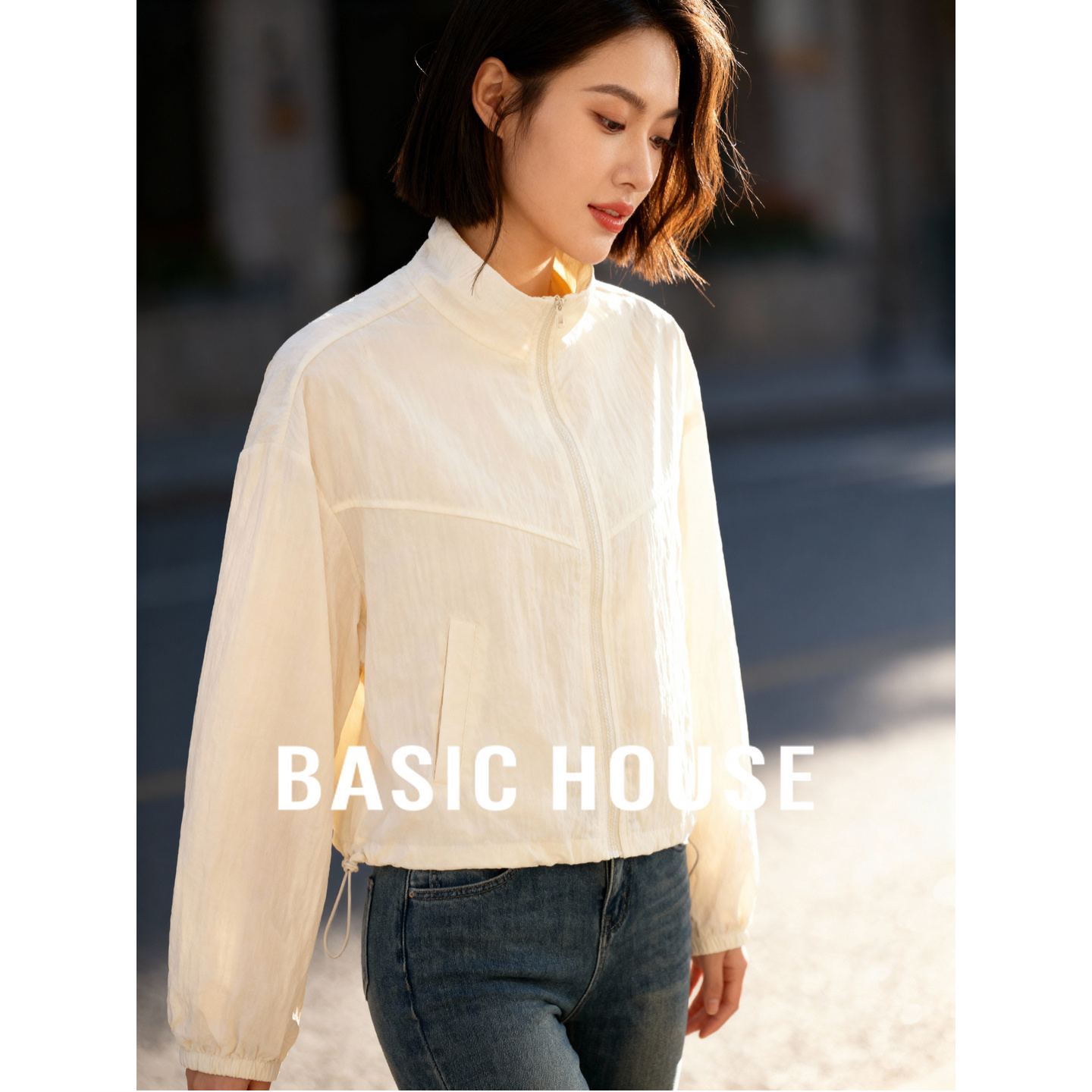 Basic House/百家好纯色简约立领拼接外套夏季新款时尚通勤短外套