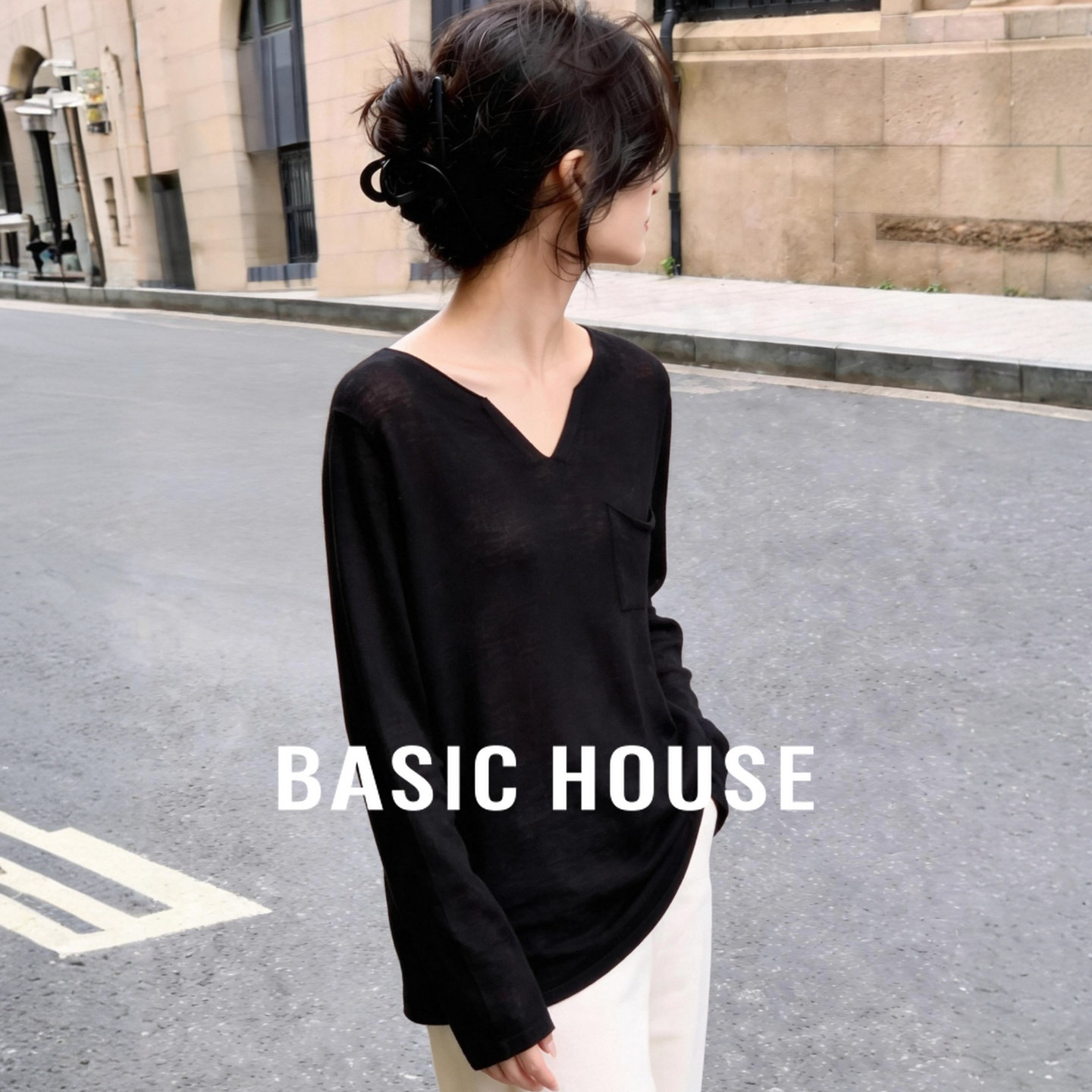 Basic House/百家好极简风黑色V领长袖针织衫女春夏薄款慵懒上衣