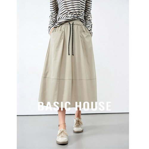 Basic House/百家好高腰抽绳大摆半身裙女遮肉垂感中长款A字伞裙