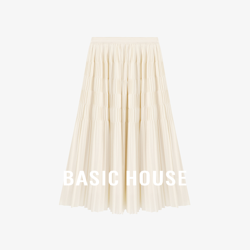 Basic House/百家好高腰百褶半身裙夏松紧腰垂感宽松A字中长裙子