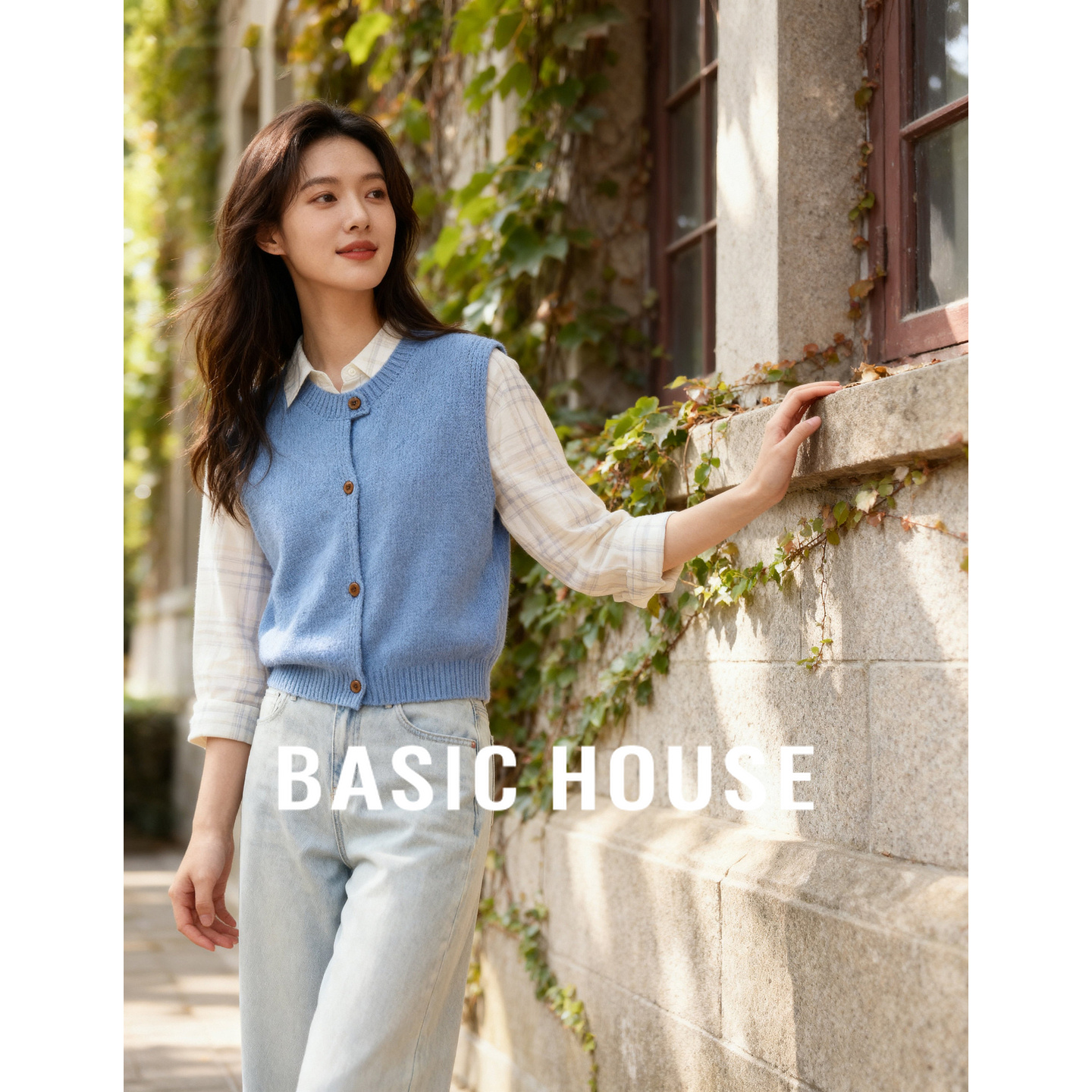 Basic House/百家好叠穿针织马甲背心女早秋新款显瘦坎肩无袖上衣